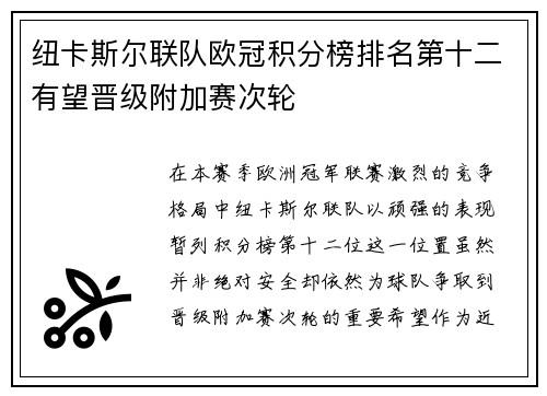 纽卡斯尔联队欧冠积分榜排名第十二有望晋级附加赛次轮