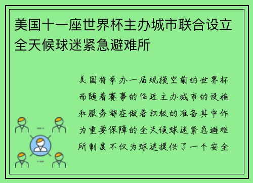 美国十一座世界杯主办城市联合设立全天候球迷紧急避难所